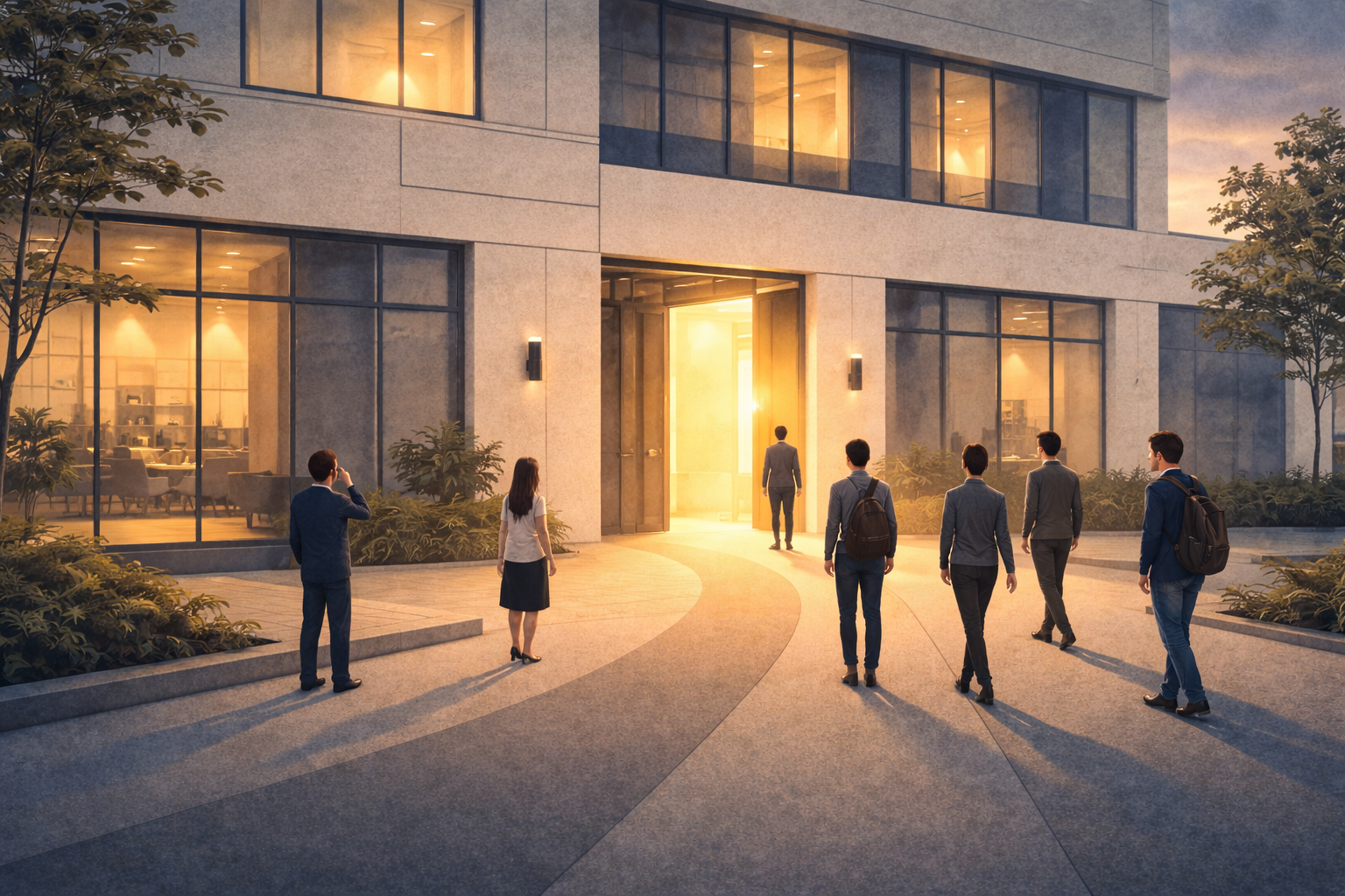 Twilight office entrance with curious onlookers