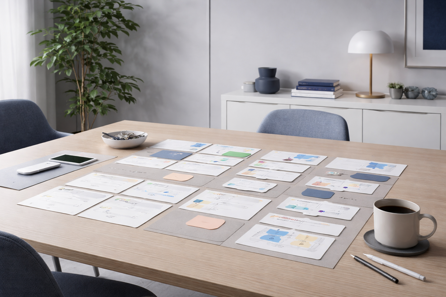 Calm project room with modular planning cards laid out on a neutral table, soft gray walls, and restrained indigo accents signalling control