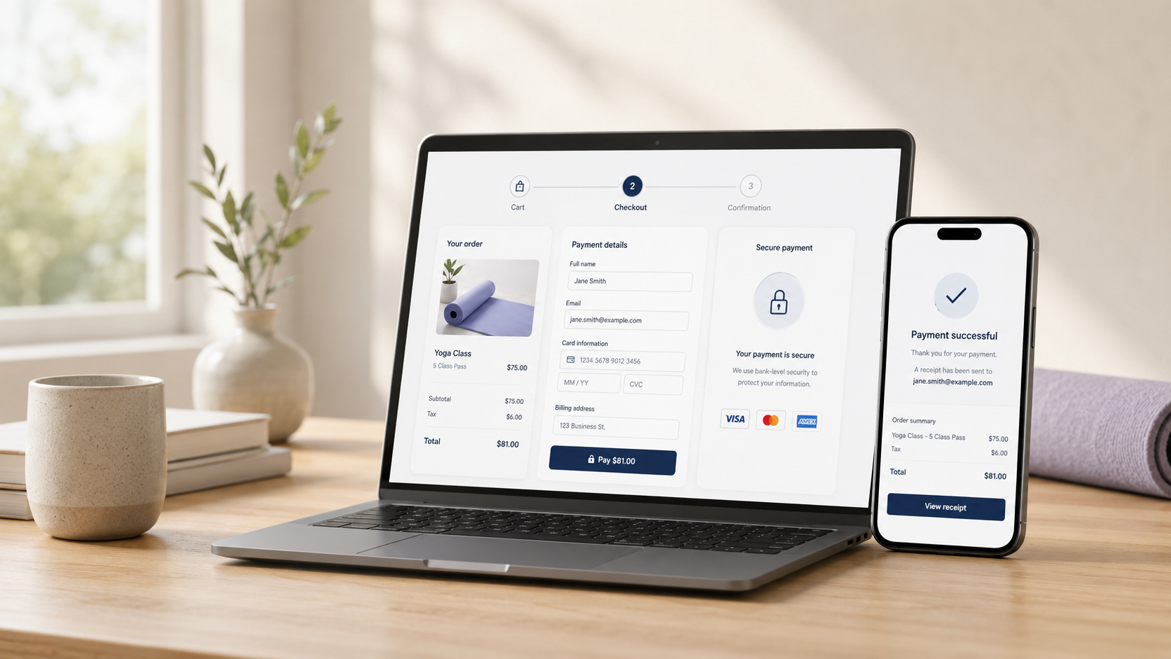 A clean online payment flow shown across desktop and mobile screens