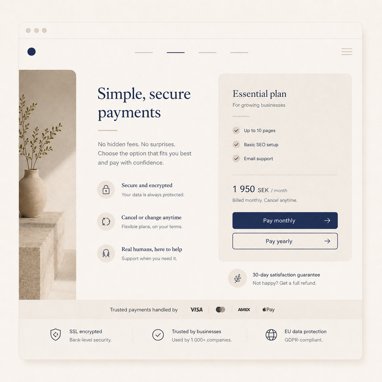 Payment section on website